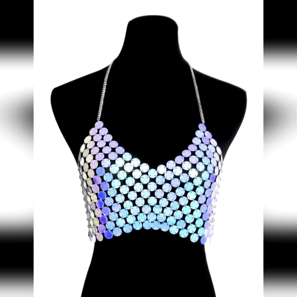 NEW Women's Holographic Discs & Silver Chain Cropped Chainmail Halter Sz SMALL